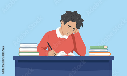 A young  Student  stressed expression, is engrossed in studying at a desk flat style vector illustration