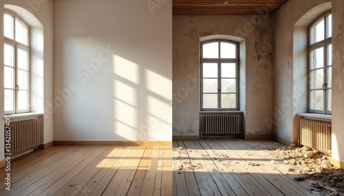 Wallpaper Mural Renovated rooms before, after restoration. Spacious window, heating system in empty apartment. Wall repair, floor refurbishment, interior design, home renewal, real estate improvements. Luxury modern Torontodigital.ca