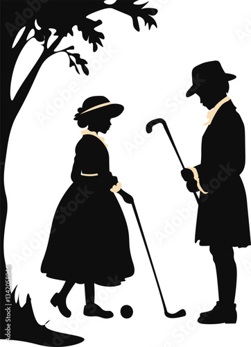 SILHOUETTE OF THE REGIONAL ERA, A GIRL AND A BOY PLAYING CROQUET