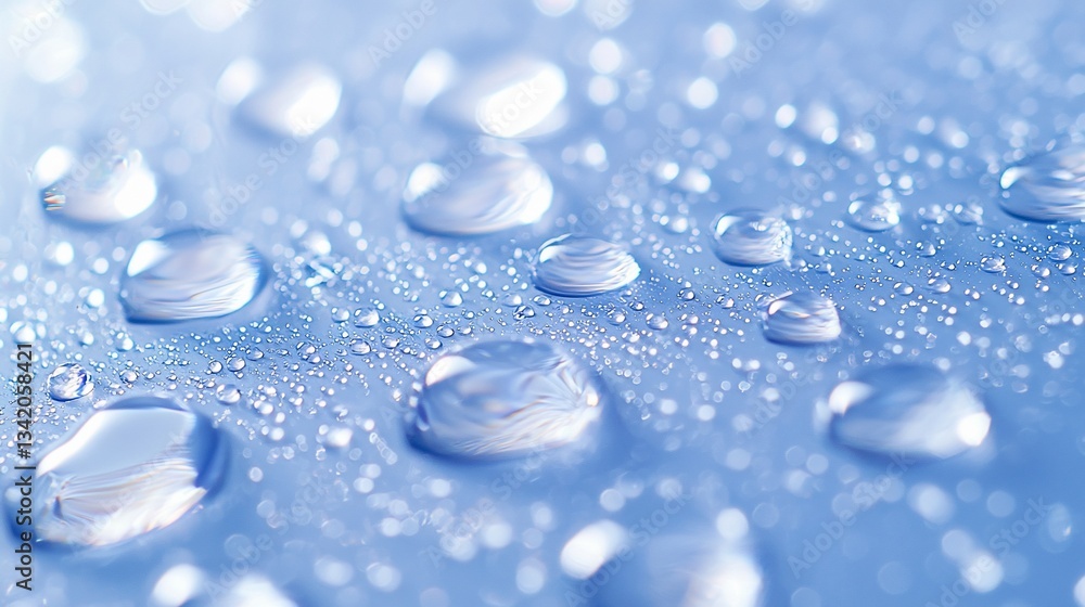 Close-up of water droplets on a light blue surface with blurred background Close-up of water droplets on a light blue surface with blurred background
