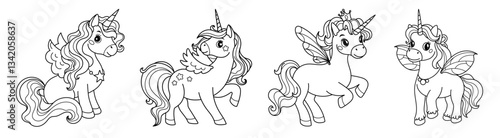 Set of unicorns with wings. Linear black and white illustration.