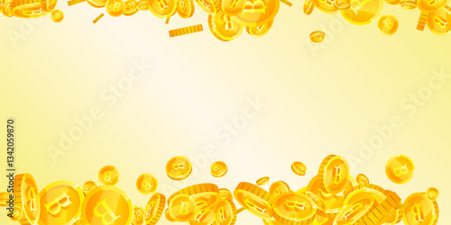 Thai baht coins falling. Gold scattered THB coins. Thailand money. Global financial crisis concept. Wide vector illustration.