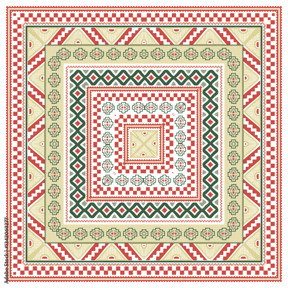 Intricate geometric pattern with layered borders in red, green, and cream, featuring stars, diamonds, and zigzag motifs, Traditional Textiles art and Cultural and a link to heritage print pattern, squ Intricate geometric pattern with layered borders in red, green, and cream, featuring stars, diamonds, and zigzag motifs, Traditional Textiles art and Cultural and a link to heritage print pattern, squ