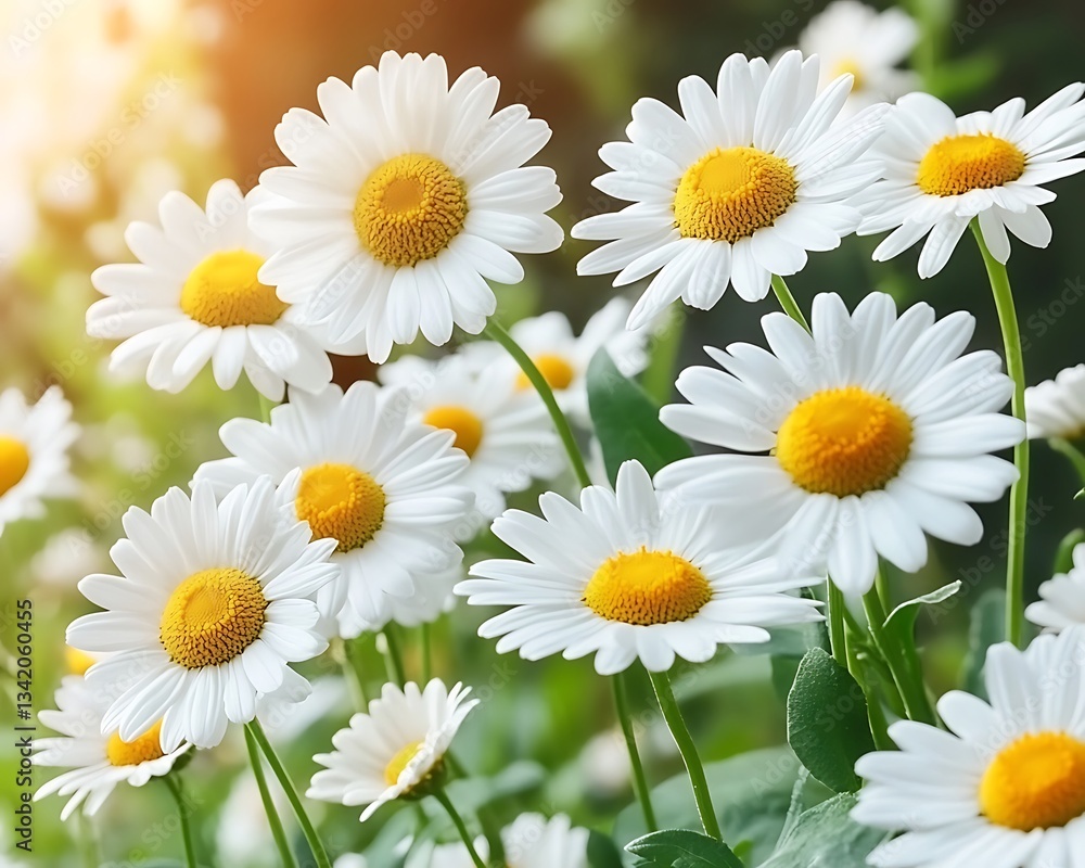 A cluster of beautiful white daisies blooms in the sunlight A cluster of beautiful white daisies blooms in the sunlight