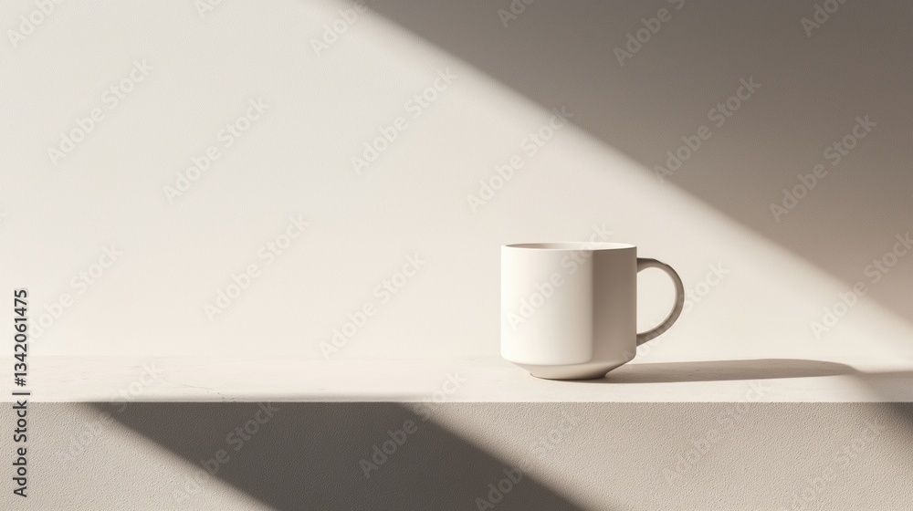 Minimalist white ceramic mug in soft natural light with shadows Minimalist white ceramic mug in soft natural light with shadows
