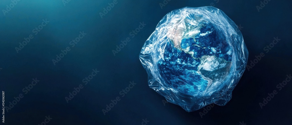 Fototapeta premium Earth globe suffocating in plastic bag on dark blue background Concept of environmental pollution, climate change, and global warming