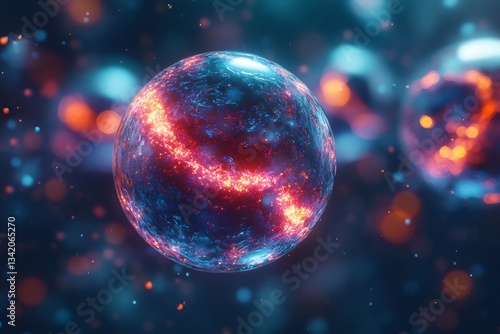 Glowing sphere in neon blue and orange tones floating. Representation of a particle, atom, suspended in a dark space. Matter.



