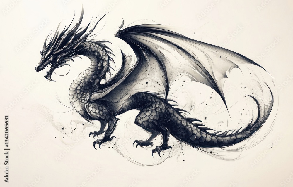 Majestic dragon sketch, smoke-filled background, fantasy art, possible tattoo design Majestic dragon sketch, smoke-filled background, fantasy art, possible tattoo design