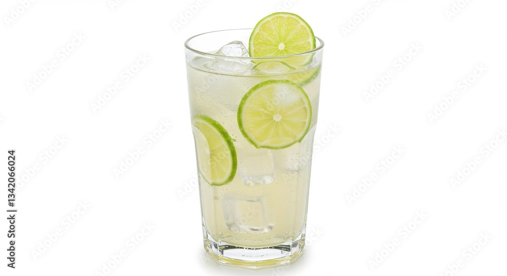 A refreshing drink with ice and lime slices in a tall glass on a white background in a studio shot A refreshing drink with ice and lime slices in a tall glass on a white background in a studio shot