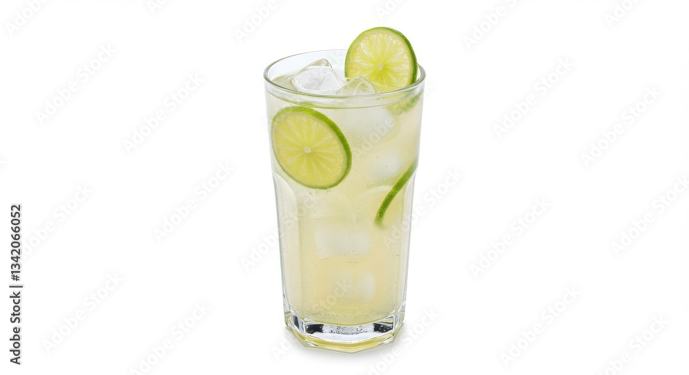 A refreshing lime drink with ice cubes in a tall glass on a white background studio shot A refreshing lime drink with ice cubes in a tall glass on a white background studio shot