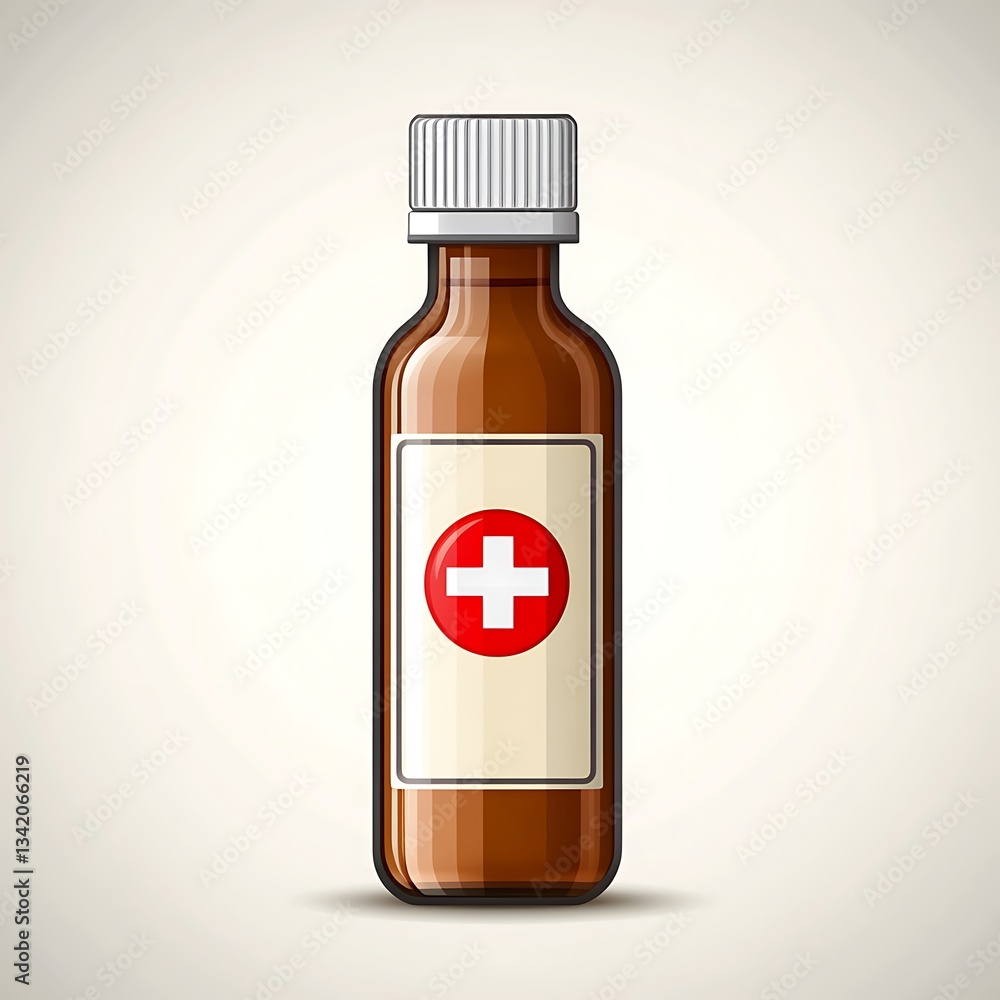 Fototapeta premium A brown glass medicine bottle displaying a prominent red cross symbol