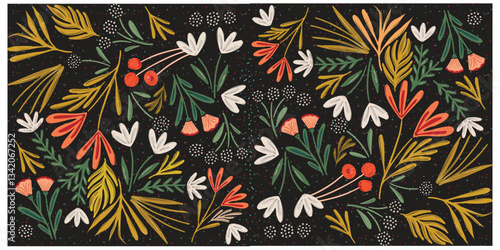 Seamless abstract Colorful illustrated floral pattern on dark background.


