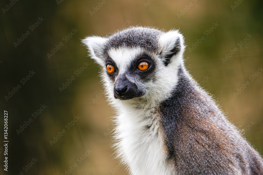 Obraz premium Close-up of Ring-Tailed Lemur, Lemur Catta with bright orange eyes against a blurred background.