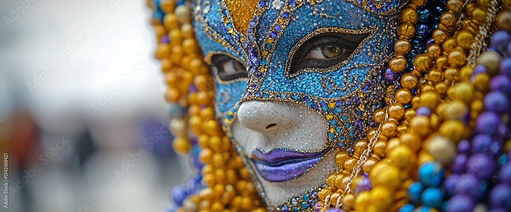 Fototapeta premium Close-up Venetian Carnival Mask, Beads, and People