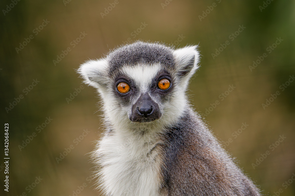 Obraz premium Close-up of a ring-tailed lemur, Lemur Catta with bright orange eyes and a neutral background.