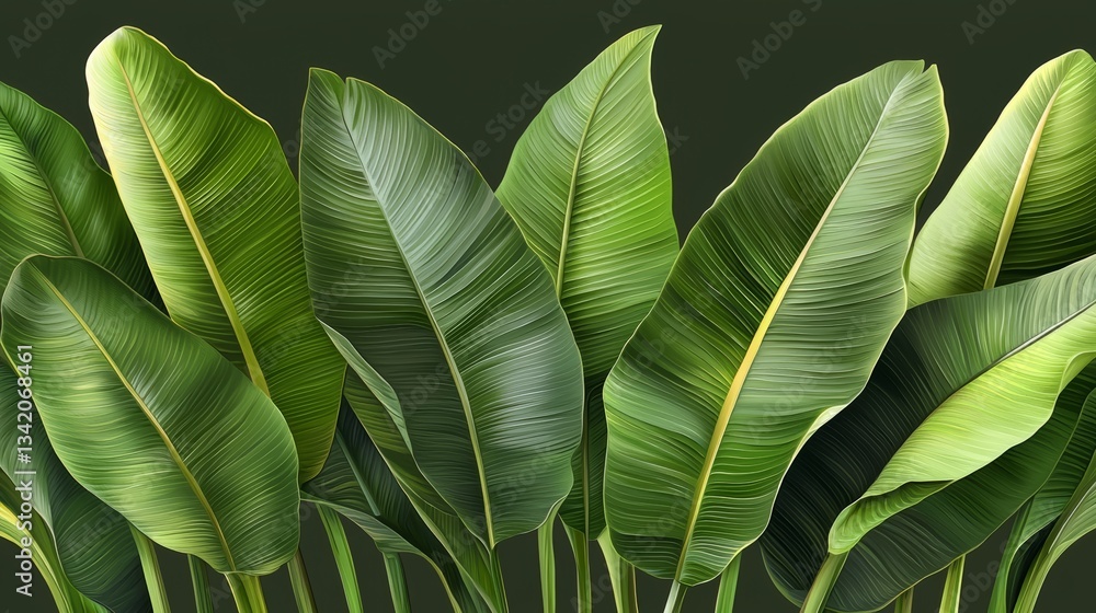 Bunch of green leaves are shown in a row. The leaves are large and have a shiny, glossy appearance. Concept of freshness and vitality, as the leaves are vibrant and full of life Bunch of green leaves are shown in a row. The leaves are large and have a shiny, glossy appearance. Concept of freshness and vitality, as the leaves are vibrant and full of life