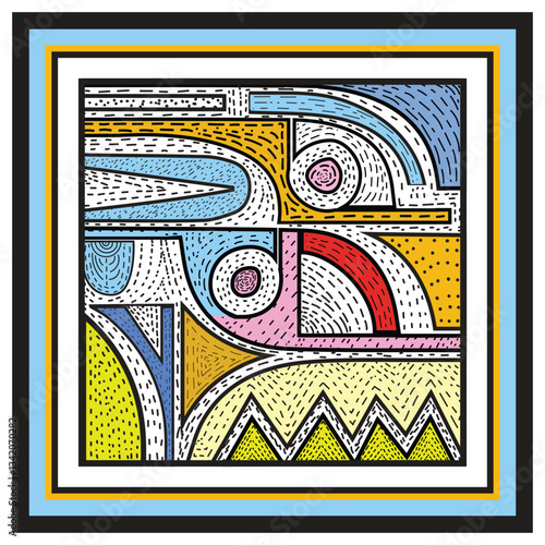 Abstract geometric artwork featuring vibrant colors and intricate patterns, framed with multiple colorful borders, The bold colors and geometric shapes give the pattern a modern and stylish feel.