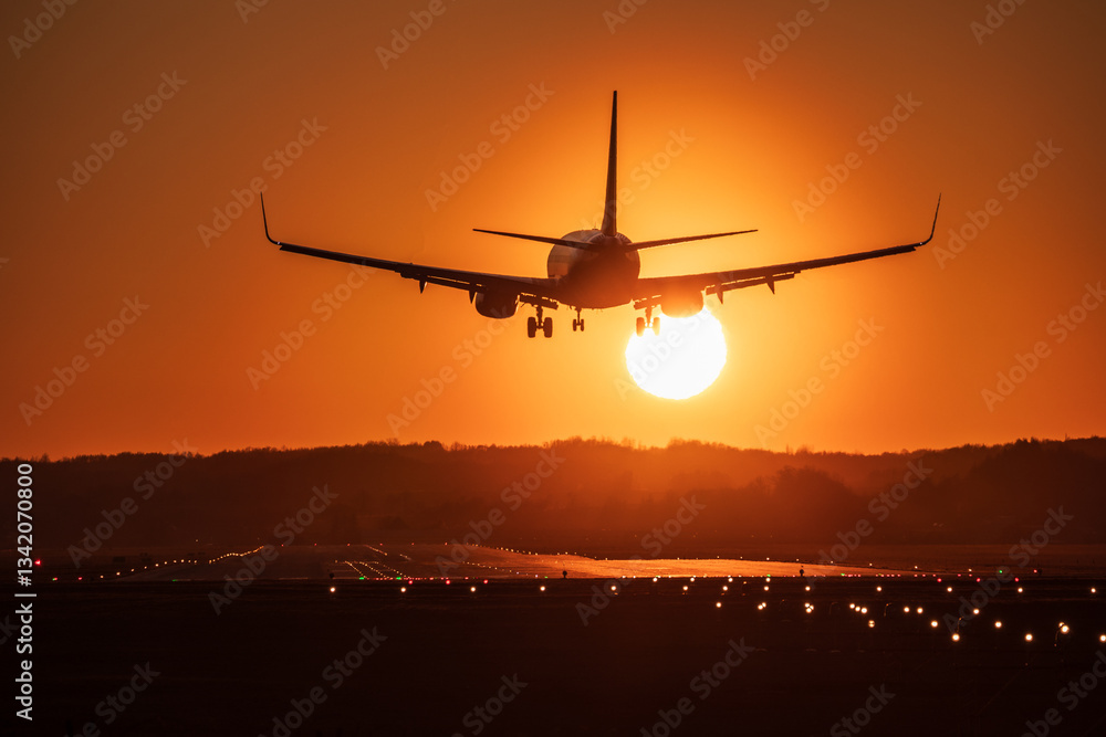 Airplane landing with a golden light of sunset in Cracow Balice Airport during a februray day.