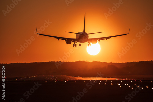 Obraz na płótnie Airplane landing with a golden light of sunset in Cracow Balice Airport during a februray day. w salonie