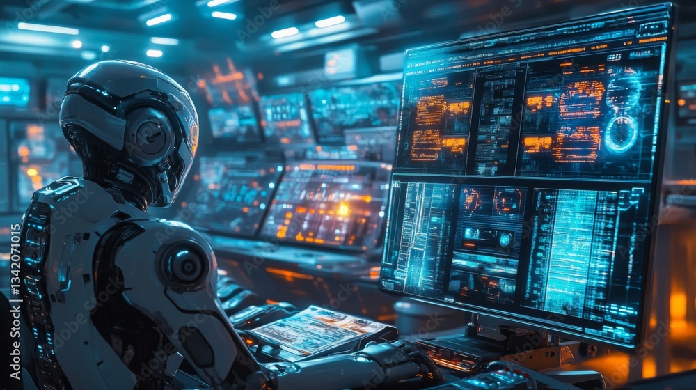 White Robot Monitoring Data on Glowing Screens in Futuristic Control Room White Robot Monitoring Data on Glowing Screens in Futuristic Control Room