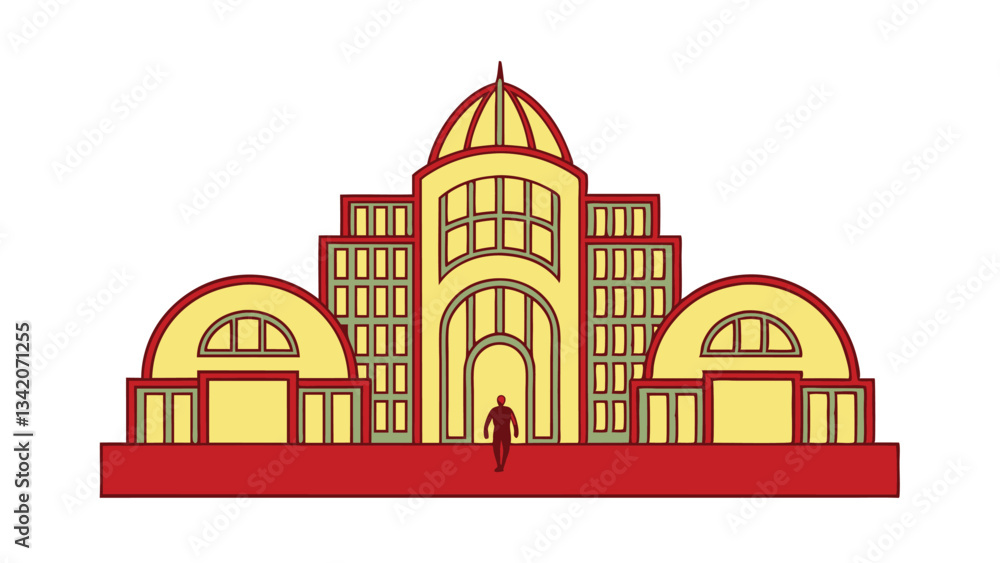 Stylized illustration of a grand palace or public building. Features multiple domes, symmetrical design, and a person approaching the entrance. Bold colors and simple lines create a striking vector. Stylized illustration of a grand palace or public building. Features multiple domes, symmetrical design, and a person approaching the entrance. Bold colors and simple lines create a striking vector.