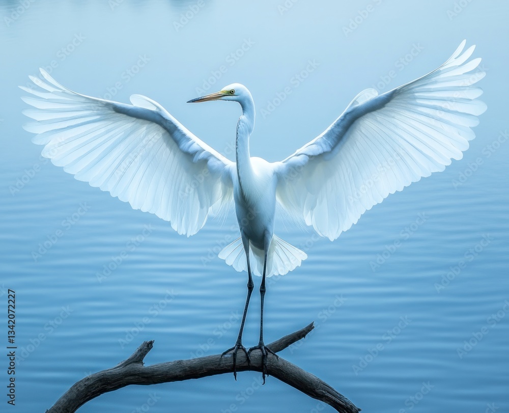 Majestic egret with outstretched wings on tranquil lake branch Majestic egret with outstretched wings on tranquil lake branch