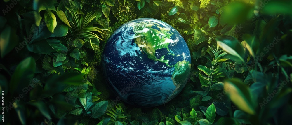 Earth globe nestled in lush green foliage, symbolizing environmental conservation, sustainability, and the beauty of nature Earth globe nestled in lush green foliage, symbolizing environmental conservation, sustainability, and the beauty of nature