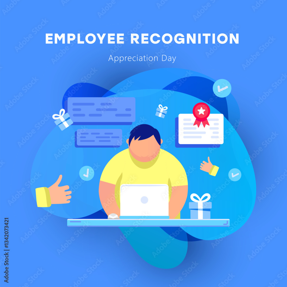 An illustration of Employee Recognition Day, with a worker on a laptop surrounded by appreciation symbols like awards, certificates, and gift boxes. A digital design celebrating employee achievements.