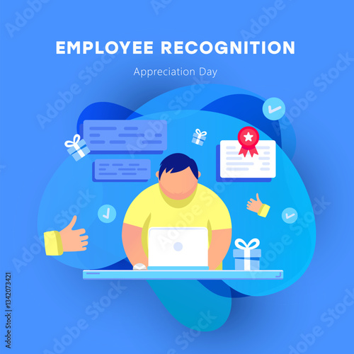 Obraz na płótnie An illustration of Employee Recognition Day, with a worker on a laptop surrounded by appreciation symbols like awards, certificates, and gift boxes. A digital design celebrating employee achievements. w salonie