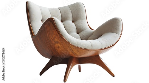 A mid-century modern chair with wooden arms and a padded seat, isolated on white background