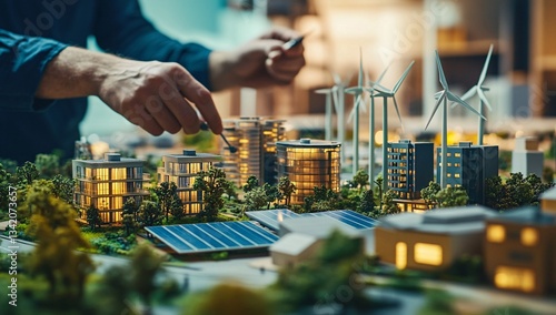 Engineers collaborating on sustainable architecture model with wind turbines, solar panels, and green building design in office