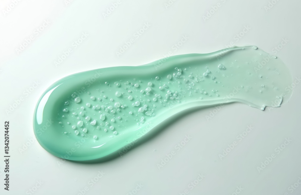 Fototapeta premium Cosmetic green gel close up. Skincare product sample with bubbles. Facial jelly serum, cleanser, shower gel or shampoo. Transparent fluid isolated on white background.