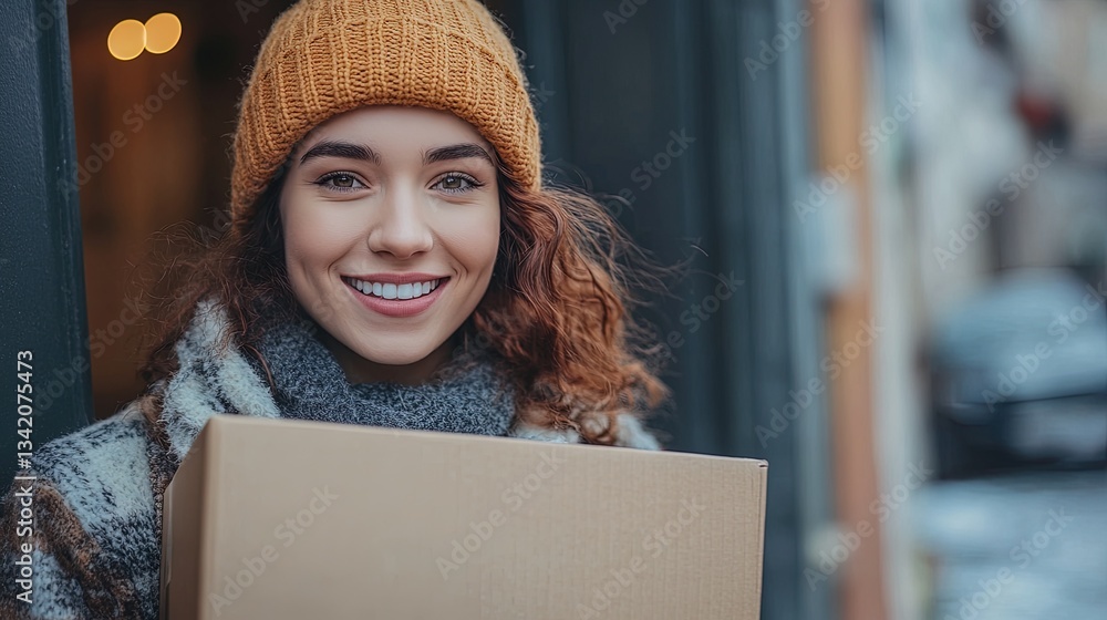 An e-commerce delivery box being opened at a doorstep, with a cheerful customer An e-commerce delivery box being opened at a doorstep, with a cheerful customer