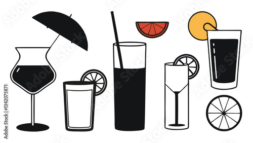 "Hand-Drawn Cocktail and Beverage Icons: Martini, Wine Glass, Iced Drink, and Lemonade Vector Illustration"