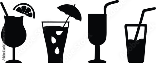 "Hand-Drawn Cocktail and Beverage Icons: Martini, Wine Glass, Iced Drink, and Lemonade Vector Illustration"