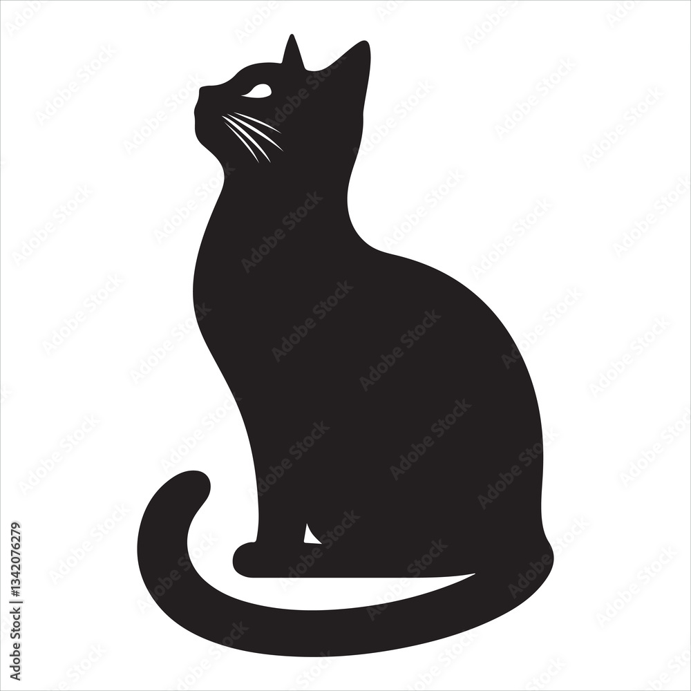 Profile view of a walking cat, sleek black silhouette on a bright white background Profile view of a walking cat, sleek black silhouette on a bright white background