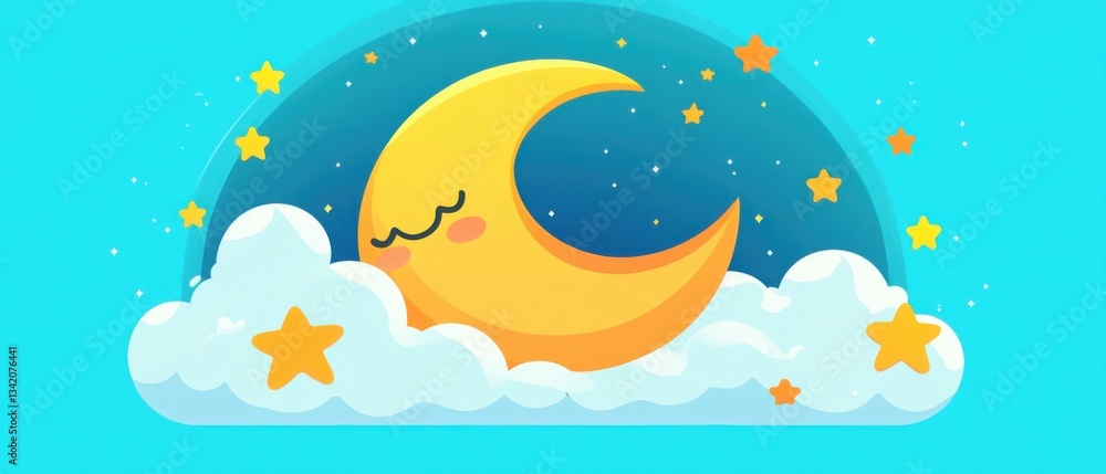 custom made wallpaper toronto digitalCute crescent moon sleeping on fluffy clouds with stars in the night sky Concept of bedtime, dreamland, and childrens illustration