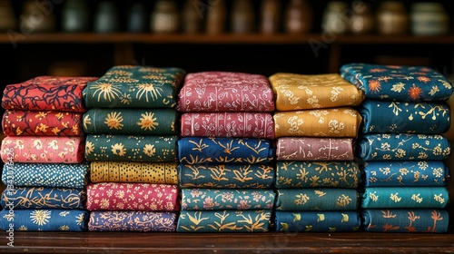 Stacked collection of various colorful patterned fabric textiles displays nicely