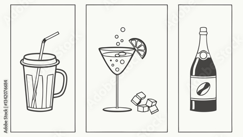 "Hand-Drawn Cocktail and Beverage Icons: Martini, Wine Glass, Iced Drink, and Lemonade Vector Illustration"