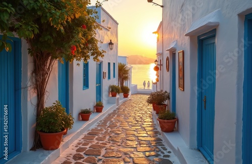 Fototapeta Naklejka Na Ścianę i Meble -  Cobblestone street leads to aegean sea during sunset. Traditional whitewashed houses with blue doors. Typical island village. Two people watching sunset. Summer vacation background.