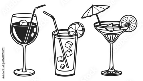 "Hand-Drawn Cocktail and Beverage Icons: Martini, Wine Glass, Iced Drink, and Lemonade Vector Illustration"