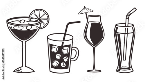 "Hand-Drawn Cocktail and Beverage Icons: Martini, Wine Glass, Iced Drink, and Lemonade Vector Illustration"