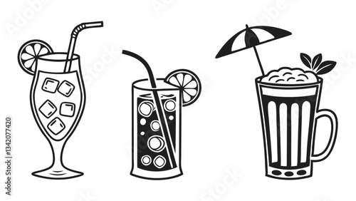 "Hand-Drawn Cocktail and Beverage Icons: Martini, Wine Glass, Iced Drink, and Lemonade Vector Illustration"