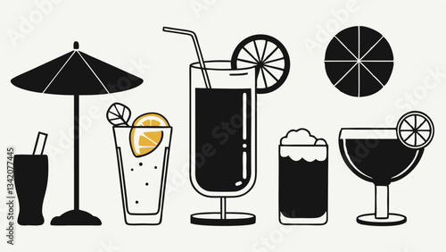 "Hand-Drawn Cocktail and Beverage Icons: Martini, Wine Glass, Iced Drink, and Lemonade Vector Illustration"