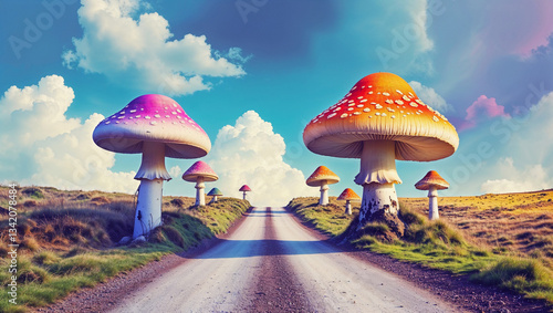Surreal fantasy landscape with oversized colorful mushrooms lining a dirt road under a vibrant sky.