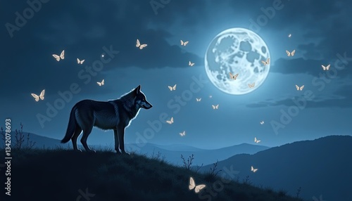 Wallpaper Mural Majestic wolf stands on a hillside at night under a bright full moon with butterflies fluttering around in a serene landscape Torontodigital.ca