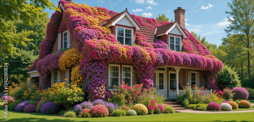House Covered in Flowers with Beautiful Garden Landscape and Blue Sky