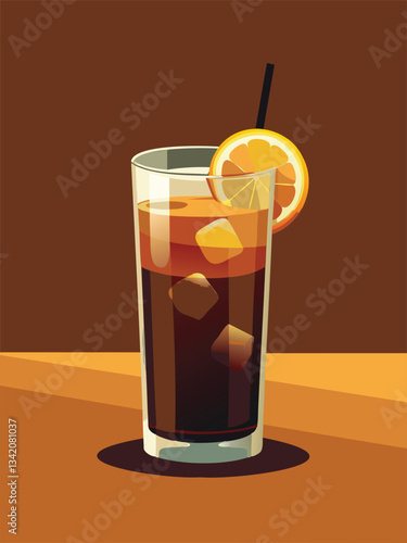 Refreshing iced coffee with lemon, summer drink vector illustration, cool beverage, citrus twist