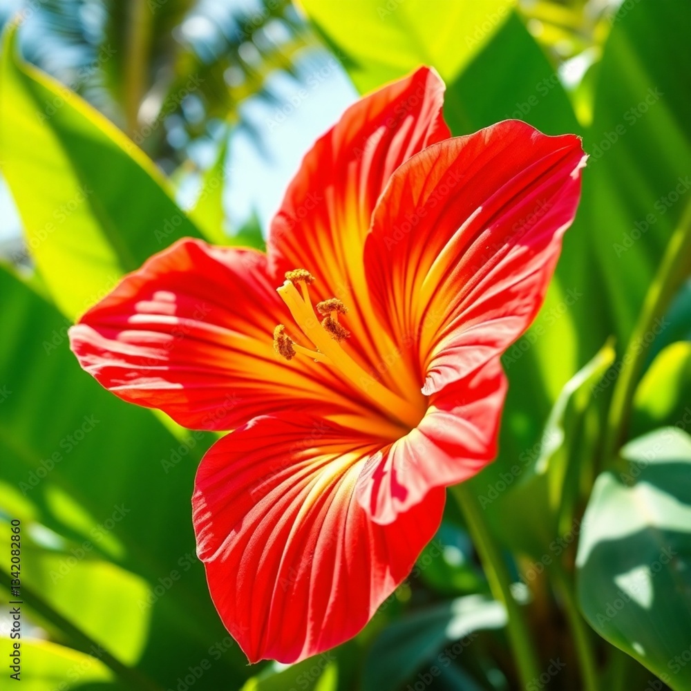 Fototapeta premium High-resolution stock photo of a professional-quality Miami commercial poster, featuring a close-up of a vibrant tropical flower with intricate details, showcasing lush greenery