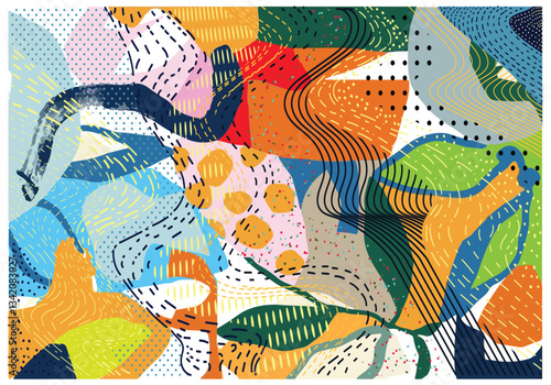 Abstract colorful artwork with various shapes, lines, and dots in a vibrant pattern, It could be used as a wallpaper, fabric design, pillow cover, curtains or other decorative elements.